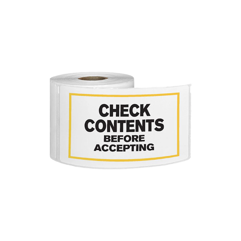 "Check Contents Before Accepting" Horizontal Rectangular Paper Label with Yellow Border - 3" x 5"