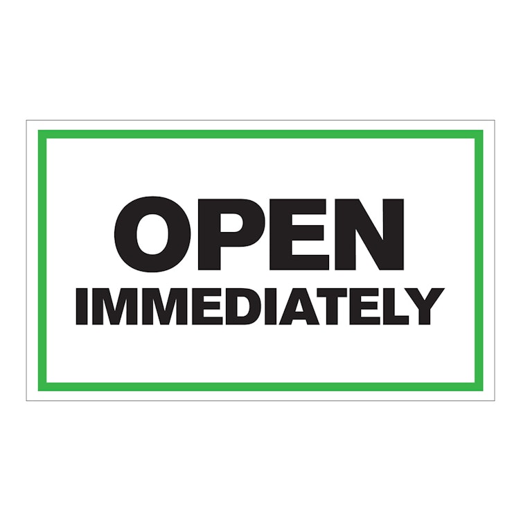 "Open Immediately" Horizontal Rectangular Paper Label with Green Border - 3" x 5"