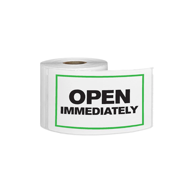 "Open Immediately" Horizontal Rectangular Paper Label with Green Border - 3" x 5"