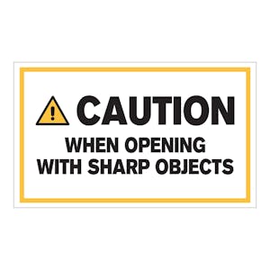 "Caution When Opening with Sharp Objects" Horizontal Rectangular Paper Label with Symbol & Yellow Border - 3" x 5"
