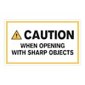 "Caution When Opening with Sharp Objects" Horizontal Rectangular Paper Label with Symbol & Yellow Border - 3" x 5"