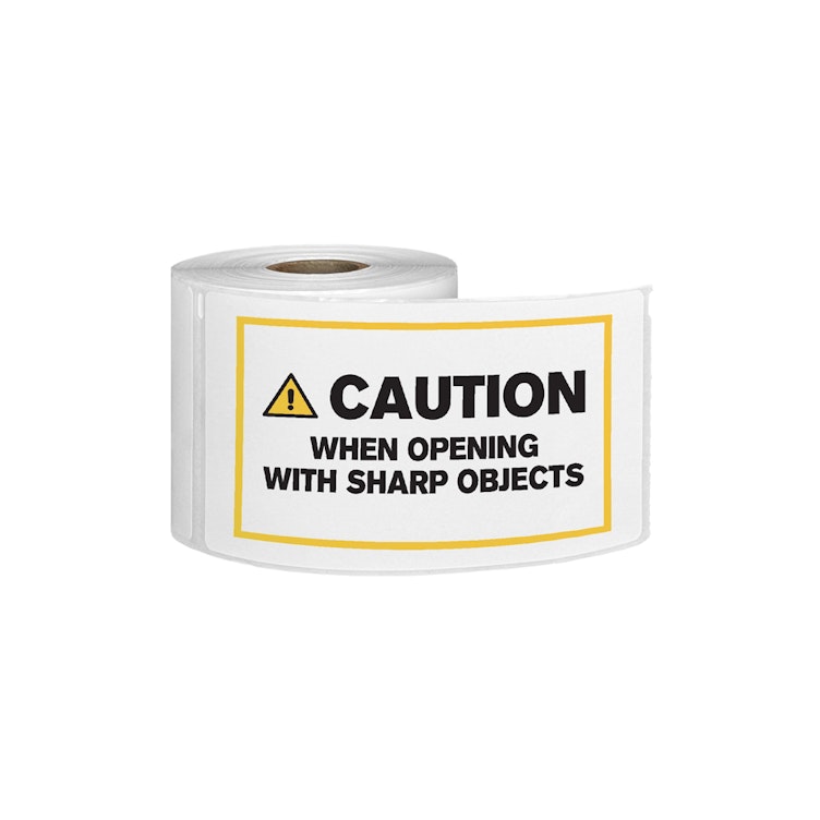 "Caution When Opening with Sharp Objects" Horizontal Rectangular Paper Label with Symbol & Yellow Border - 3" x 5"