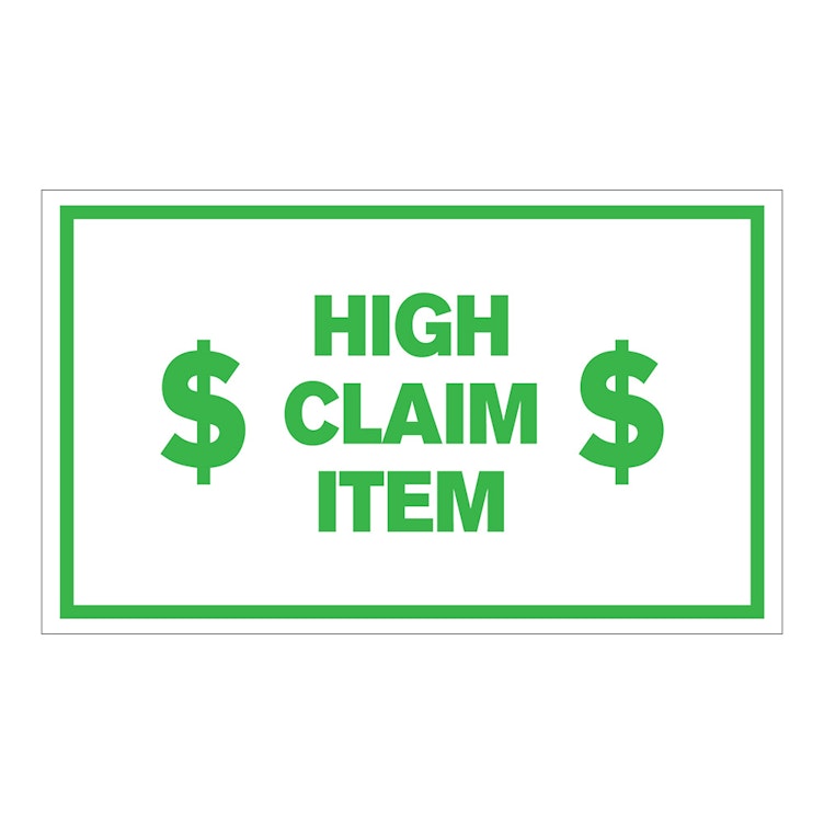 "High Claim Item" Horizontal Rectangular Paper Label with Symbol & Green Border - 3" x 5"