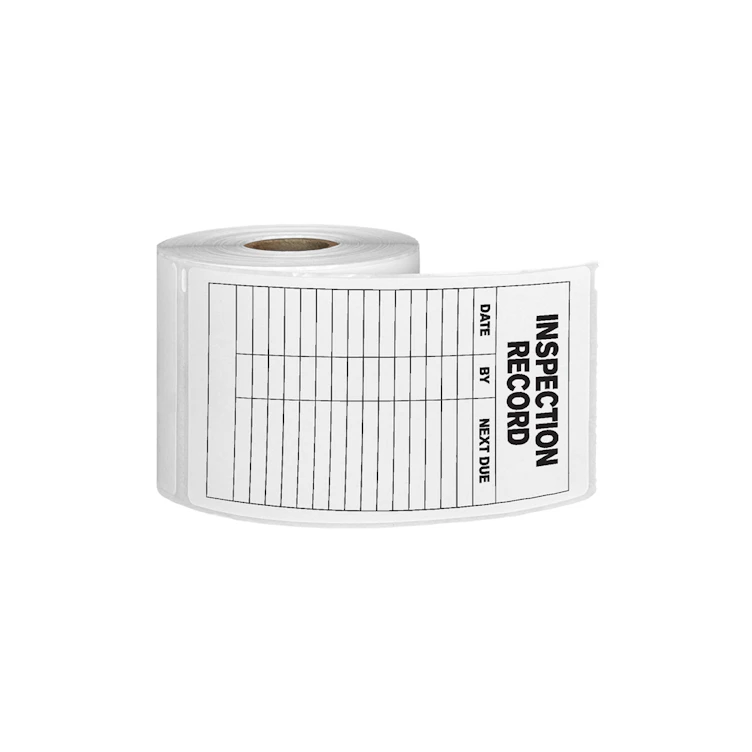 "Inspection Record with Date, By & Next Due" Rows Vertical Rectangular Paper Write-On Label with Black Font - 3" x 5"