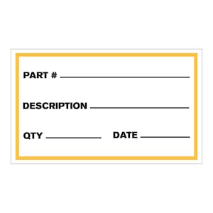 "Part Number __, Description __, Qty __ & Date __" Horizontal Rectangular Paper Write-On Label with Yellow Border - 3" x 5"