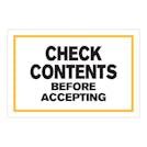 "Check Contents Before Accepting" Horizontal Rectangular Paper Label with Yellow Border - 4" x 6"