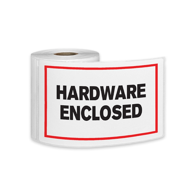 "Hardware Enclosed" Horizontal Rectangular Paper Label with Red Border - 4" x 6"