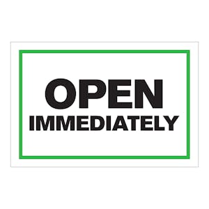"Open Immediately" Horizontal Rectangular Paper Label with Green Border - 4" x 6"