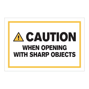 "Caution When Opening with Sharp Objects" Horizontal Rectangular Paper Label with Symbol & Yellow Border - 4" x 6"