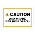 "Caution When Opening with Sharp Objects" Horizontal Rectangular Paper Label with Symbol & Yellow Border - 4" x 6"