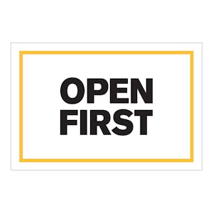 "Open First" Horizontal Rectangular Paper Label with Yellow Border - 4" x 6"
