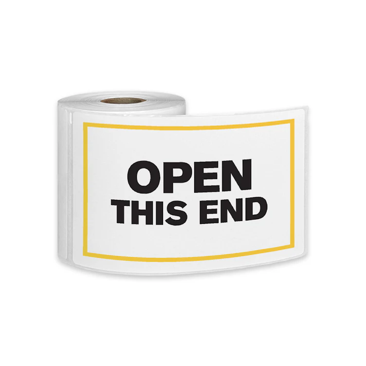 "Open This End" Horizontal Rectangular Paper Label with Yellow Border ...