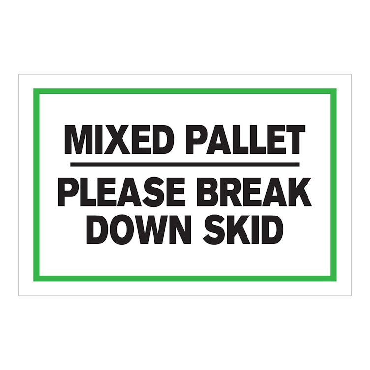 "Mixed Pallet - Please Break Down Skid" Horizontal Rectangular Paper Label with Green Border - 4" x 6"