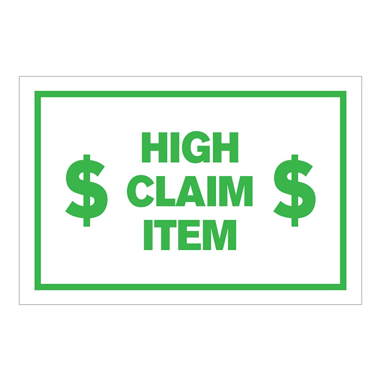 "High Claim Item" Horizontal Rectangular Paper Label with Symbol & Green Border - 4" x 6"