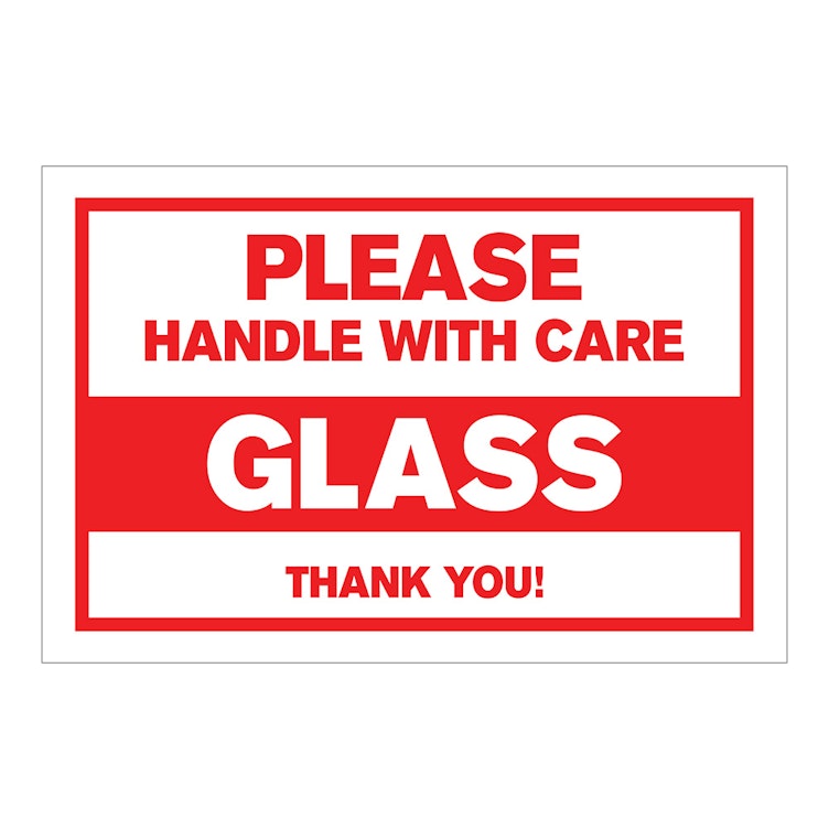 "Glass - Please Handle with Care, Thank You" Horizontal Rectangular Paper Label with Red Border - 4" x 6"