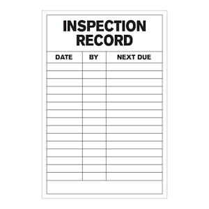"Inspection Record with Date, By & Next Due" Rows Vertical Rectangular Paper Write-On Label with Black Font - 4" x 6"