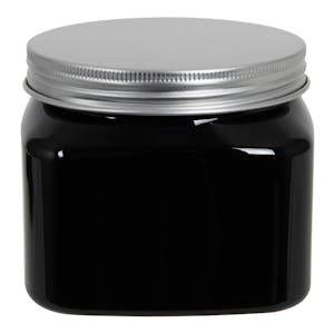 16 oz. Black PET Firenze Square Jar with 89/400 Brushed Silver Aluminum Cap with Foam Liner