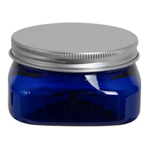 4 oz. Cobalt Blue PET Firenze Square Jar with 70/400 Brushed Silver Aluminum Cap with Foam Liner