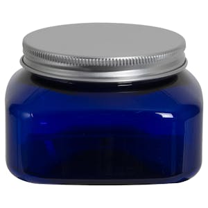 8 oz. Cobalt Blue PET Firenze Square Jar with 70/400 Brushed Silver Aluminum Cap with Foam Liner