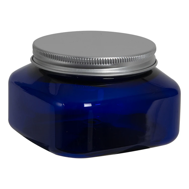 8 oz. Cobalt Blue PET Firenze Square Jar with 70/400 Brushed Silver Aluminum Cap with Foam Liner