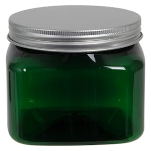 16 oz. Dark Green PET Firenze Square Jar with 89/400 Brushed Silver Aluminum Cap with Foam Liner