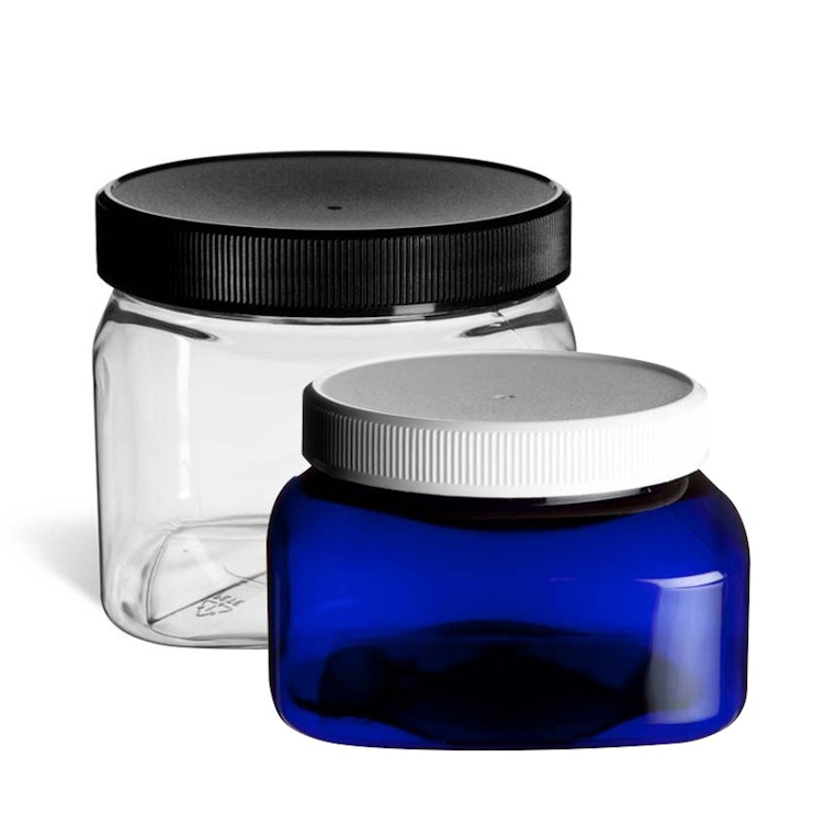 8 oz. Cobalt Blue PET Firenze Square Jar with 70/400 Black Ribbed Cap with F217 Liner