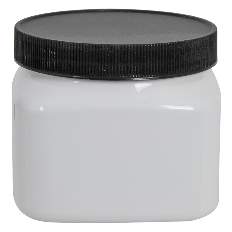 8 oz. White PET Firenze Square Jar with 70/400 Black Ribbed Cap with F217 Liner