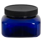 8 oz. Cobalt Blue PET Firenze Square Jar with 70/400 Black Ribbed Cap with F217 Liner