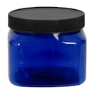 16 oz. Cobalt Blue PET Firenze Square Jar with 89/400 Black Ribbed Cap with F217 Liner