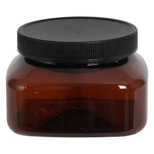 8 oz. Light Amber PET Firenze Square Jar with 70/400 Black Ribbed Cap with F217 Liner