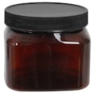 16 oz. Light Amber PET Firenze Square Jar with 89/400 Black Ribbed Cap with F217 Liner