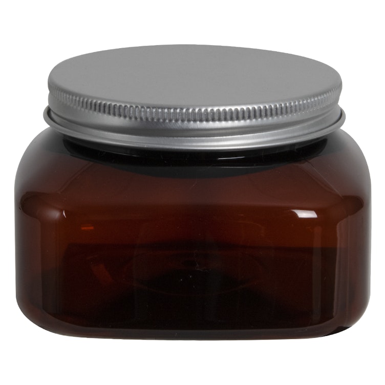 8 oz. Light Amber PET Firenze Square Jar with 70/400 Brushed Silver Aluminum Cap with Foam Liner