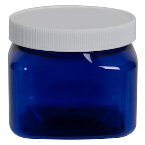 16 oz. Cobalt Blue PET Firenze Square Jar with 89/400 White Ribbed Cap with F217 Liner