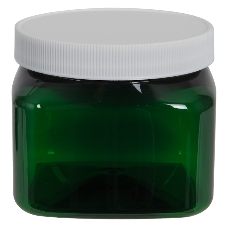 16 oz. Dark Green PET Firenze Square Jar with 89/400 White Ribbed Cap with F217 Liner