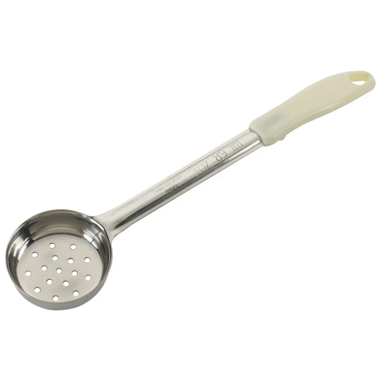 3 oz. Perforated Stainless Steel Portion Scoop with Ivory Polypropylene Handle