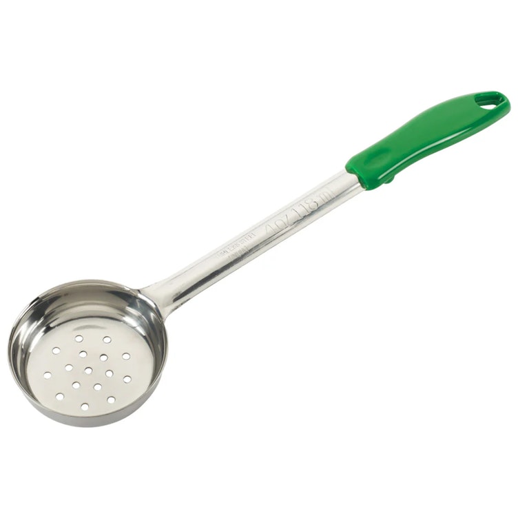 4 oz. Perforated Stainless Steel Portion Scoop with Green Polypropylene Handle
