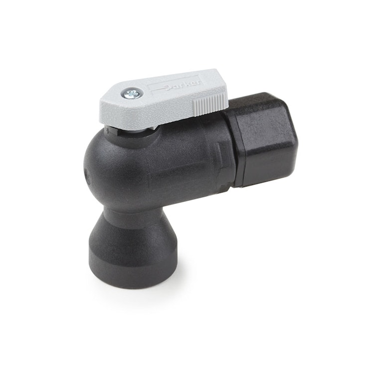 1/2" Tube OD x 3/8" Female NPTF Black Polypropylene Female Elbow Ball Valve