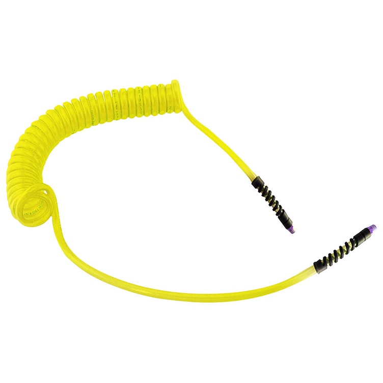 1/4" ID x 3/8" OD NoMar® Fast-Stor® Yellow Polyurethane Air Hose Assembly with Strain Relief & (2) 1/4" Swivel NPT Fittings - 25' L