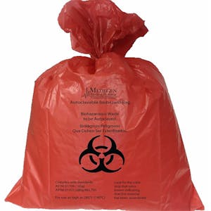 25" L x 35" W x 2.0 mil Thick Red Polypropylene Dart & Elmendorf Tear-Tested Autoclavable Biohazard Bag/Can Liner - 20 Bags per Roll; 10 Rolls per Case