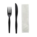 3-Piece Medium-Heavy Black Polystyrene Fork & Knife with Napkin Cutlery Set, Individually Wrapped - Case of 500