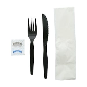 5-Piece Medium-Heavy Black Polystyrene Fork & Knife with Napkin & Salt & Pepper Packets Cutlery Set, Individually Wrapped - Case of 500