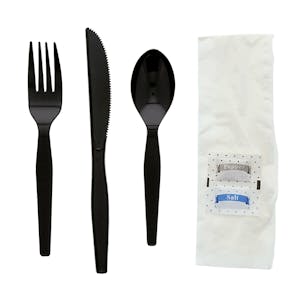 6-Piece Medium-Heavy Black Polystyrene Fork, Knife & Spoon with Napkin & Salt & Pepper Packets Cutlery Set, Individually Wrapped - Case of 250