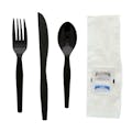 6-Piece Medium-Heavy Black Polystyrene Fork, Knife & Spoon with Napkin & Salt & Pepper Packets Cutlery Set, Individually Wrapped - Case of 250