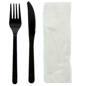 3-Piece Medium-Heavy Black Polypropylene Fork & Knife with Napkin Cutlery Set, Individually Wrapped - Case of 500