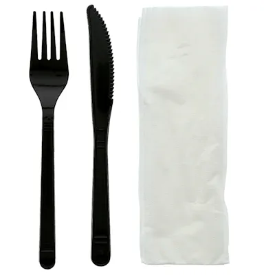 3-Piece Medium-Heavy Black Polypropylene Fork & Knife with Napkin Cutlery Set, Individually Wrapped - Case of 500