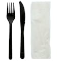3-Piece Medium-Heavy Black Polypropylene Fork & Knife with Napkin Cutlery Set, Individually Wrapped - Case of 500