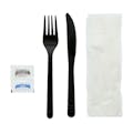 5-Piece Medium-Heavy Black Polypropylene Fork & Knife with Napkin & Salt & Pepper Packets Cutlery Set, Individually Wrapped - Case of 500