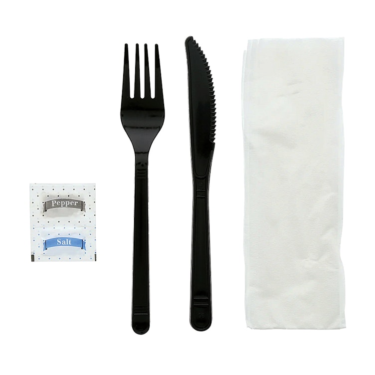 5-Piece Medium-Heavy Black Polypropylene Fork & Knife with Napkin & Salt & Pepper Packets Cutlery Set, Individually Wrapped - Case of 500