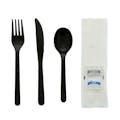 6-Piece Medium-Heavy Black Polypropylene Fork, Knife & Spoon with Napkin & Salt & Pepper Packets Cutlery Set, Individually Wrapped - Case of 250