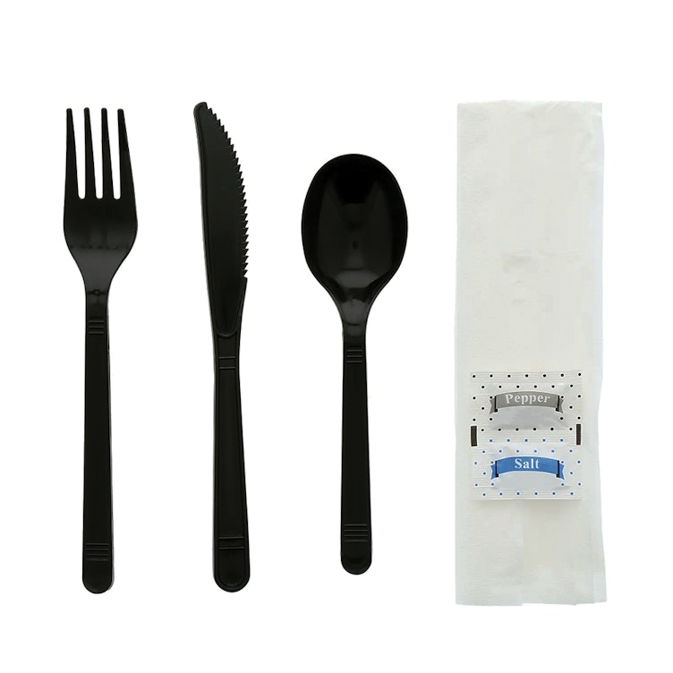 6-Piece Medium-Heavy Black Polypropylene Fork, Knife & Spoon with Napkin & Salt & Pepper Packets Cutlery Set, Individually Wrapped - Case of 250